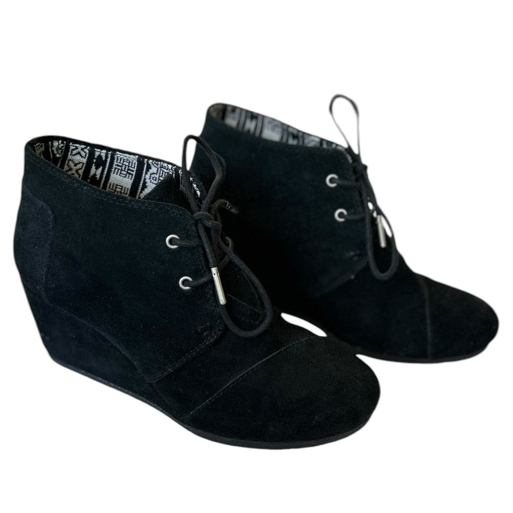 Toms Kala Desert Ankle Boots Black Suede Wedge Heel Booties Women's Size 8.5